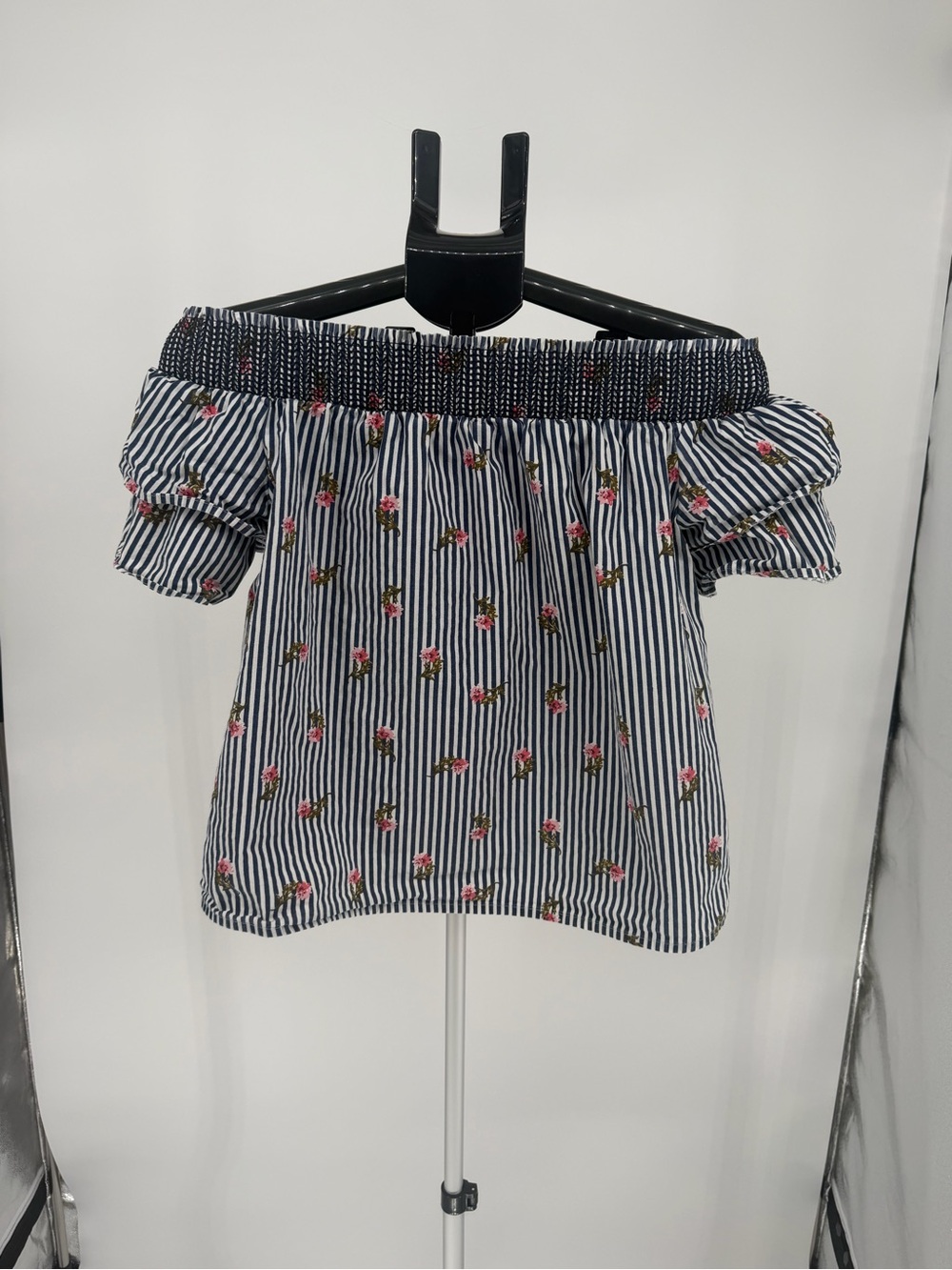 Blue Rain Navy‎ Striped Off-Shoulder Floral Blouse